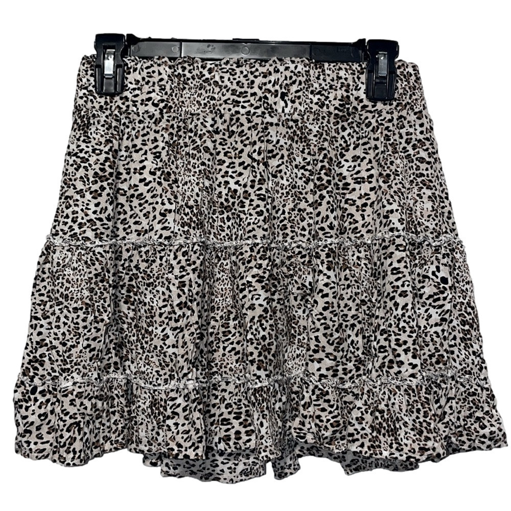 ENTRO Leopard Print Mini Skirt Medium Ruffle Tiered Boho